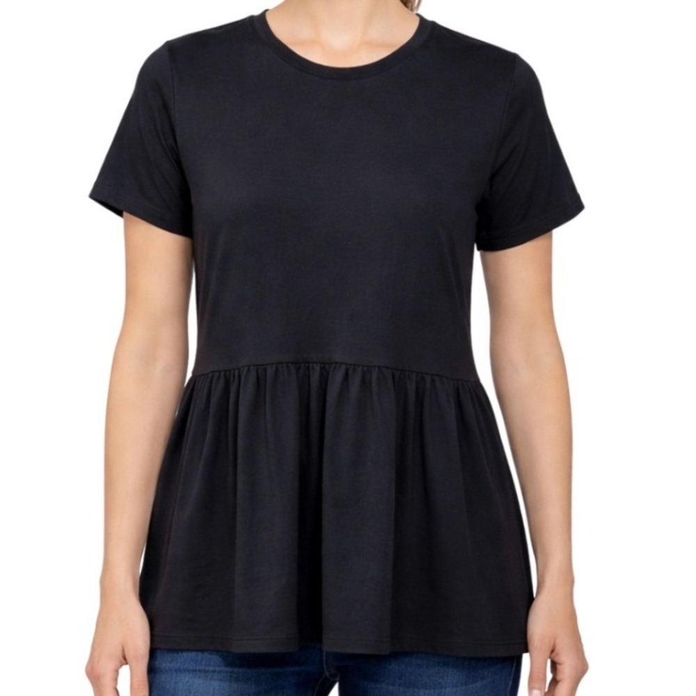 Zara Womens Black Peplum Short Sleeve Crew Neck T-Shirt Small Solid Jersey Top